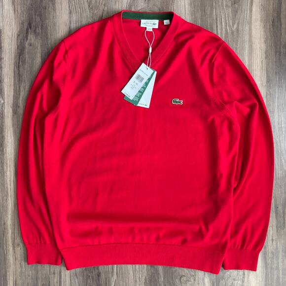 Lacoste V-Neck Sweater Men's Size XL 6 100% Organic Cotton Long Sleeve Red NEW - Picture 1 of 6